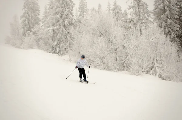 Frau Mit Brille Auf Skiern Auf Schnee Den Schneebedeckten Karpaten — Stockfoto