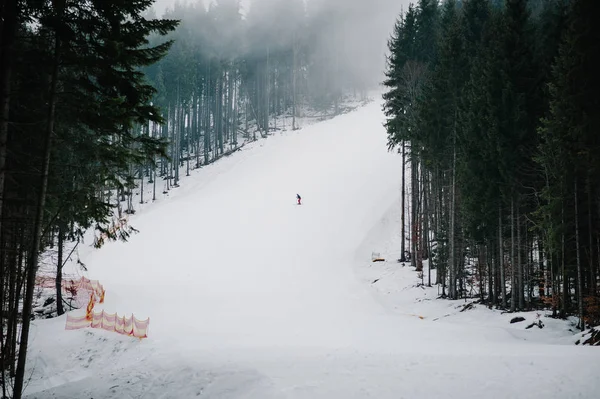 Skifahrer Fährt Mit Speed Von Einem Hügel Auf Schnee Den — Stockfoto