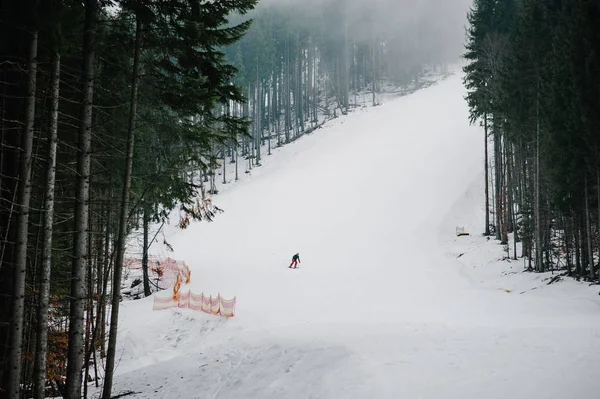 Skifahrer Fährt Mit Speed Von Einem Hügel Auf Schnee Den — Stockfoto