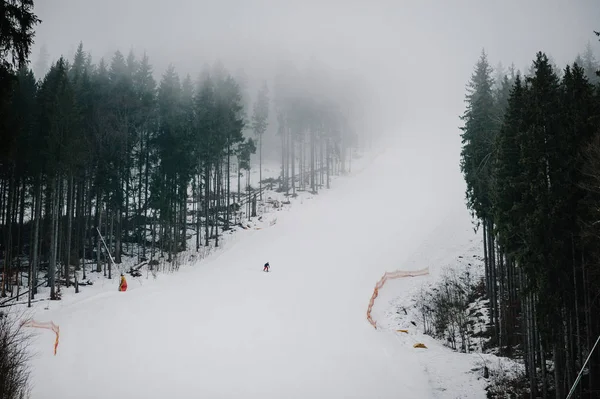 Skifahrer Fährt Mit Speed Von Einem Hügel Auf Schnee Den — Stockfoto