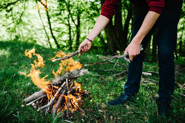 Doğada kamp ateşi. Erkek eli. Yakacak odun hazırlanıyor.