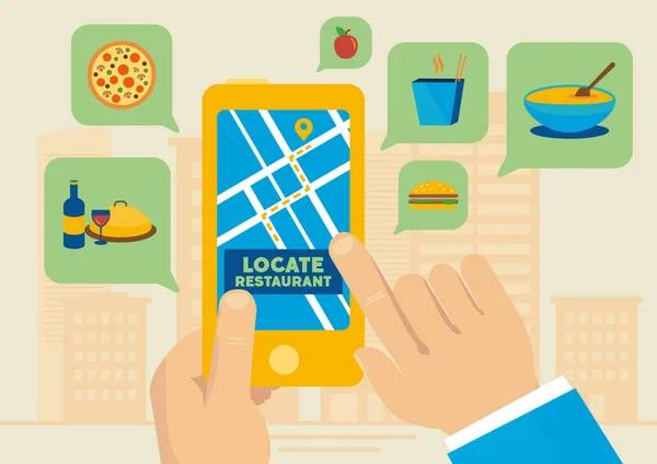 Trouver Des Restaurants Déjeuner Avec Application Carte Smartphone Illustration Vectorielle — Image vectorielle