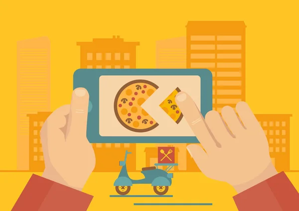 Homme Commandant Livraison Pizza Ligne Avec Illustration Vectorielle Application Téléphone — Image vectorielle