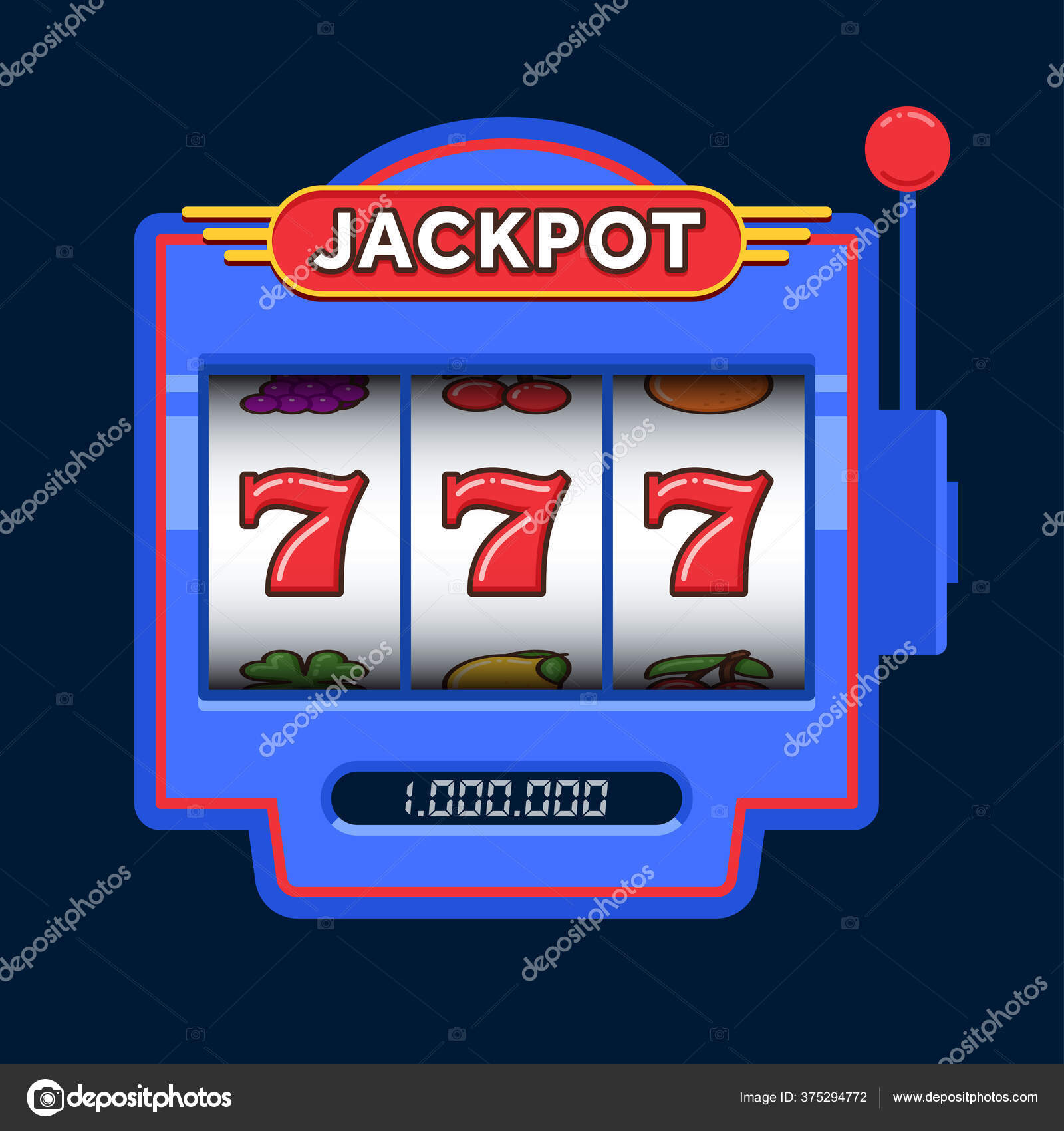 スロットマシンゲームブルー 777のジャックポットを獲得 ジャックポット トリプル７ ラッキーな7 カジノのビーガンゲーム ストックベクター  ©Tanciu 375294772, image size:1600x1700