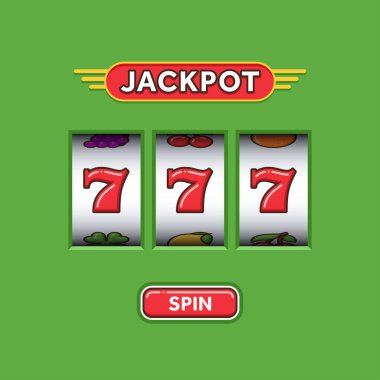 Yeşil slot makinesinde üç kere yedi. Şanslı yedi. Kumarhane Vegas oyunu. Kumar makinesi ödülü. 777 ikramiye kazan.