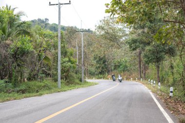 İki moto motorcu dağlık yolda, virajlı yolda gidiyor.