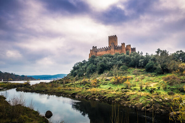 January 04, 2017: Panoramic view of the medieval castle of Almourol in Ribatejo, Portugal