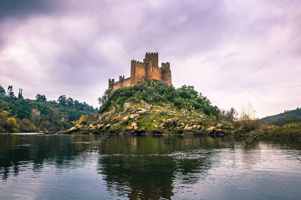 January 04, 2017: Panoramic view of the medieval castle of Almourol in Ribatejo, Portugal