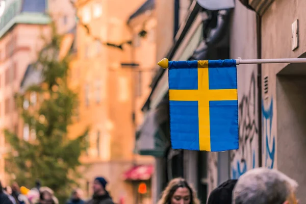 January 21, 2017: Swedish flag in the old town of Stockholm, Swe — Stock Photo, Image