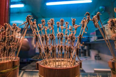 Beijing, Çin - 19 Temmuz 2014: Kızarmış akrepler gece foo içinde