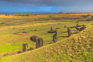 RANU Raraku, Paskalya Adası - 10 Temmuz 2017: Ranu Moai heykelleri