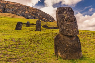 RANU Raraku, Paskalya Adası - 10 Temmuz 2017: Ranu Moai heykelleri