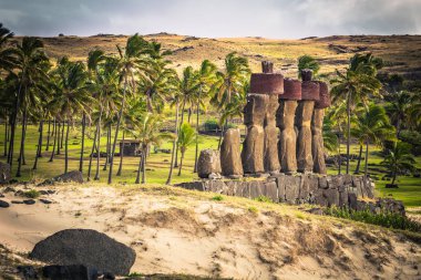 Anakena beach, Paskalya Adası - 10 Temmuz 2017: Moai sunak Anakena