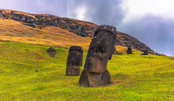 Ranu Raraku, Easter Island - July 10, 2017: Moai statues of Ranu