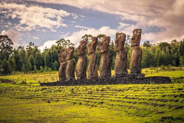 Ahu Akivi, Velikonoční ostrov - 12 července 2017: Sochy Moai na Ahu Akivi — Stock fotografie