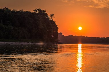 Manu Milli Parkı, Peru - 06 Ağustos 2017: Manu Milli Parkı, Peru Amazon yağmur ormanları kıyıları günbatımında