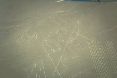 Nazca, Peru - 14 Ağustos 2017: Maymun figürü Nazca, Peru'daki Nazca çizgileri