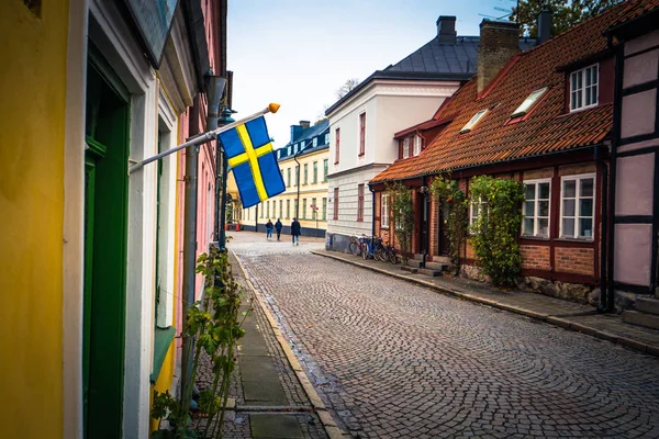 Lund - 21 de octubre de 2017: La bandera nacional sueca en la historia — Foto de Stock