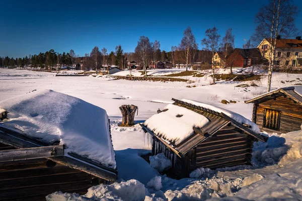 Rattvik Března 2018 Dřevěné Domy Zamrzlé Jezero Siljan Rattvik Dalarna — Stock fotografie