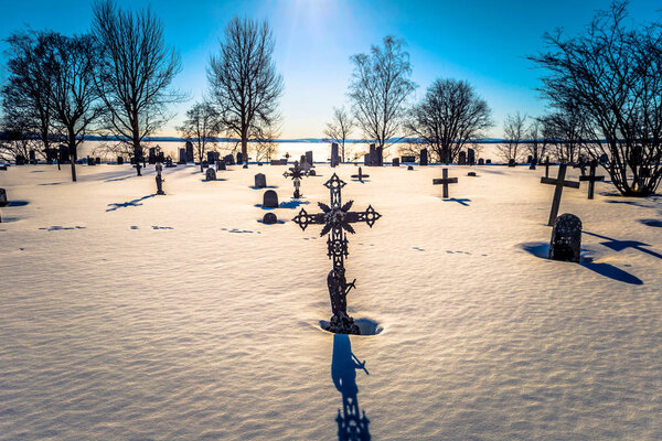 Rattvik - March 30, 2018: Cemetery of the old church of Rattvik, Dalarna, Sweden
