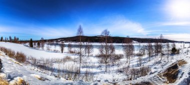 Dalarna - 01 Nisan 2018: Vahşi donmuş manzara kırsal Dalarna, İsveç