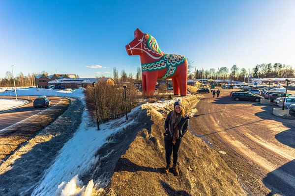 Авеста - 29 марта 2018 года: Травелеры на лошади Даларна в Авесте, Швеция
