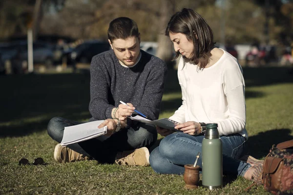 Couple studying in the park while drinking Yerba Mate Tea in a city park.