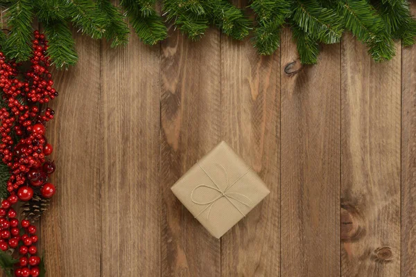 Gifts Box Wooden Background Green Red Garland Top View — Stock Photo, Image
