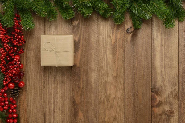 Gifts Box Wooden Background Green Red Garland Top View — Stock Photo, Image