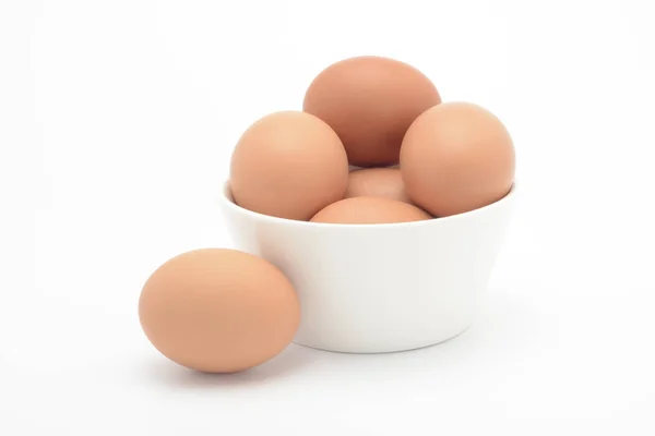 Telur Dalam Mangkuk Keramik Putih Latar Belakang Putih Bahan — Stok Foto