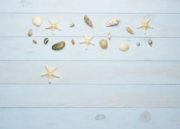 Conchas de mar, estrellas de mar y conchas de mar sobre fondo azul de madera — Foto de Stock