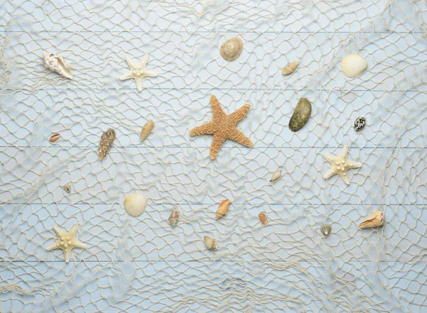 Cáscaras de mar, estrellas de mar y conchas de mar sobre fondo azul de madera ingenio — Foto de Stock