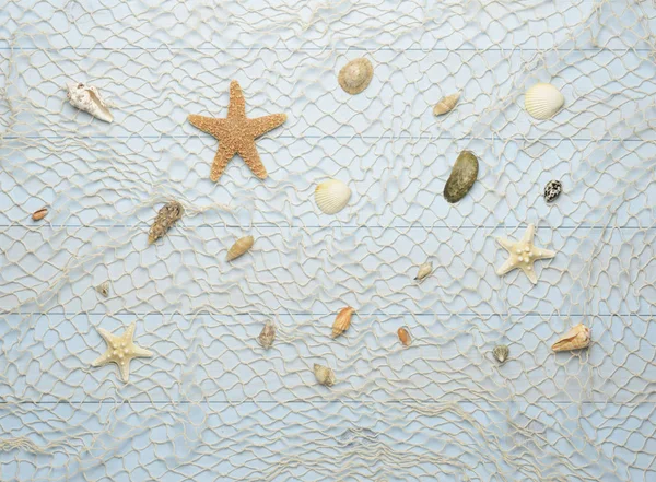 Cáscaras de mar, estrellas de mar y conchas de mar sobre fondo azul de madera ingenio — Foto de Stock