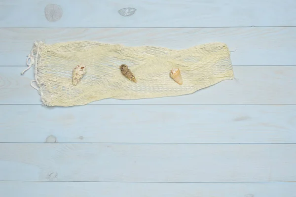 Sieć rybacka i muszle na niebieskim drewnianym tle — Zdjęcie stockowe