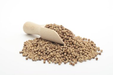 Kişniş taneleri ve beyaz arka planda ahşap bir kaşık.