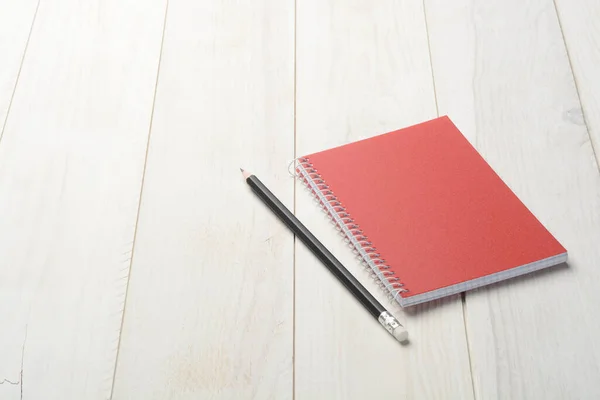 Notebook Pencil White Wooden Background Closed Book — Stock Photo, Image