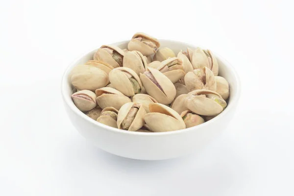 Pistachios White Ceramic Bowl White Background — Stock Photo, Image