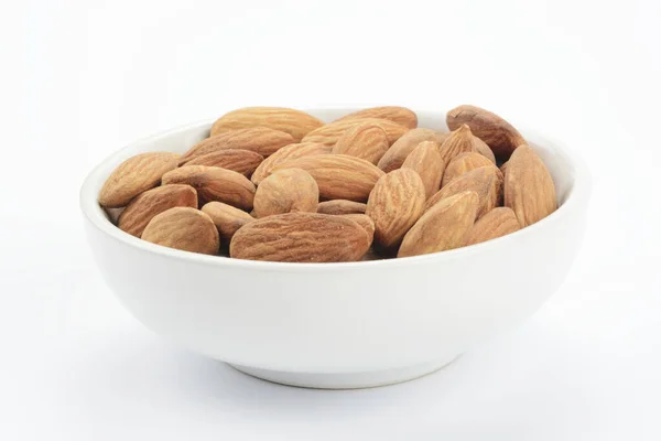 Raw Almonds White Ceramic Bowl White Background — Stock Photo, Image