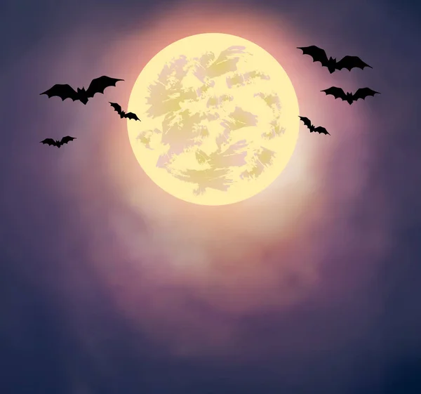 Luna piena e pipistrelli sul cielo . — Vettoriale Stock