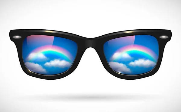 Óculos de sol Wayfarer refletindo paisagem nublada — Vetor de Stock
