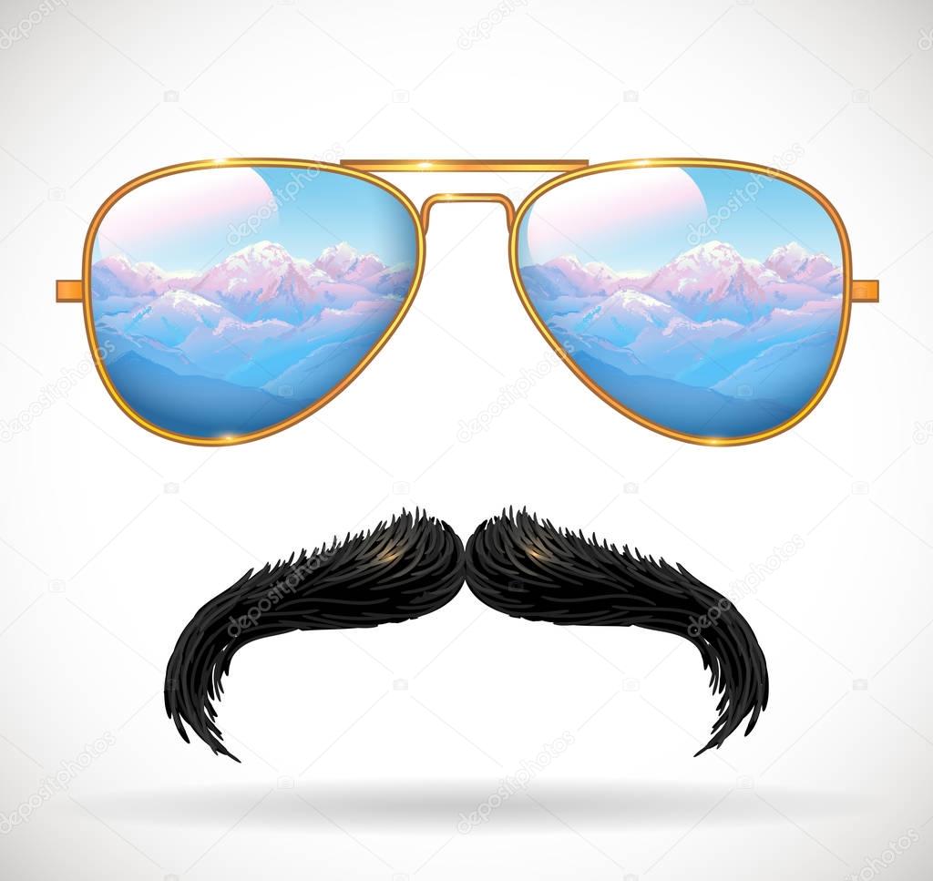 Wayfarer sunglasses reflecting mountains