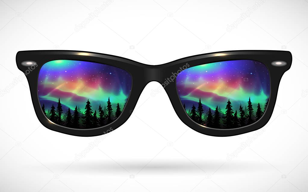 Wayfarer sunglasses reflecting aurora borealis