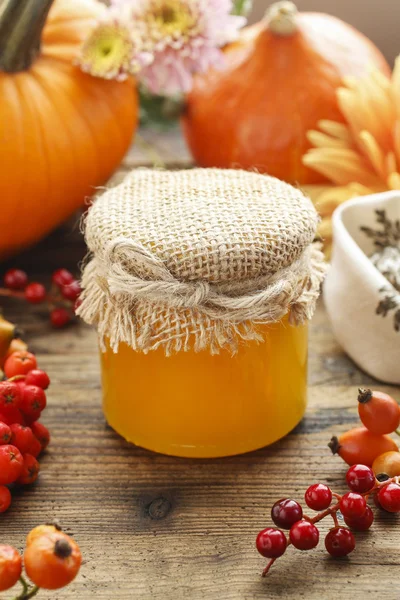 Jar of honey and beautiful autumn flowers and plants — Stock Photo, Image