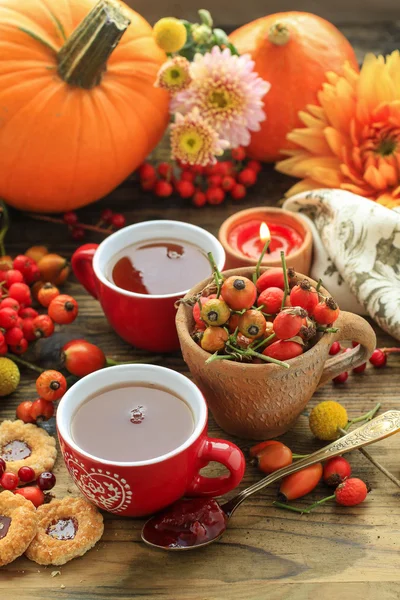 Cups of hot steaming tea and autumn plants on wood — Stock Photo, Image