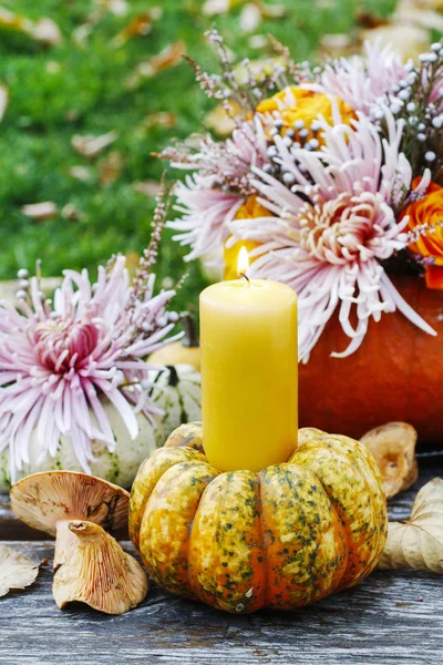 Candle in pumpkin, beautiful garden decoration. — Stock Photo, Image
