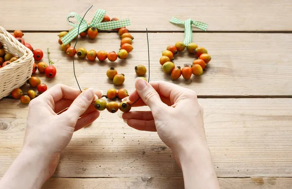 How to make tiny wreath with rose hip fruits — Stock Photo, Image