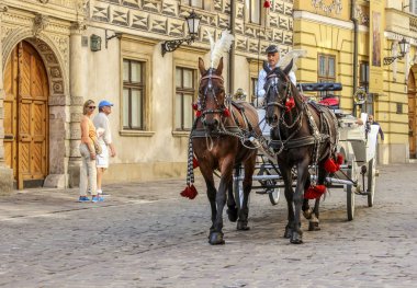 Krakow, Polonya - 22 Ağustos 2016: Turist at yılında bir yolculuğun tadını çıkar