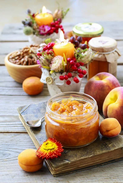 Jar of peach jam — Stock Photo, Image