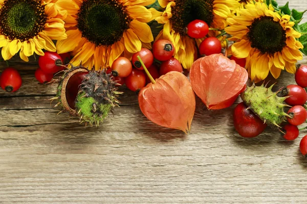 Girasoles y rosas silvestres sobre fondo de madera — Foto de Stock