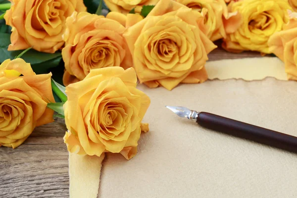 Апельсиновые розы и винтажная бумага — стоковое фото